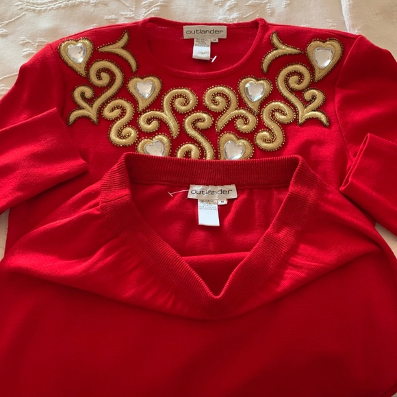 VTG 80s Holiday Festive 2-Pc Red Skirt & Sweater Set Gold Embellished Hearts Med - Picture 6 of 8